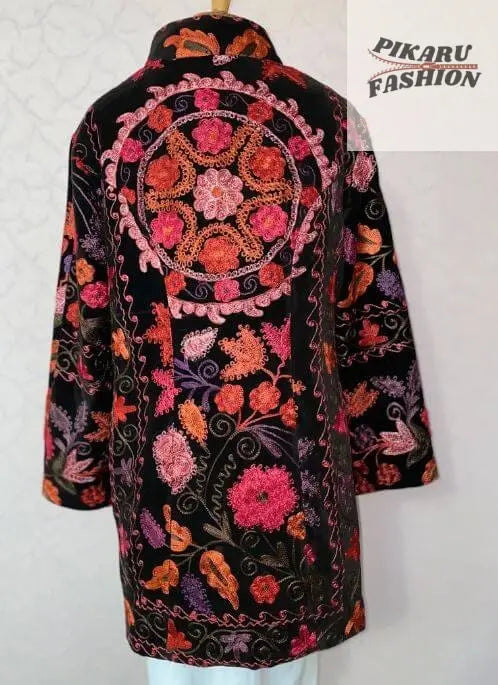 Velvet Suzani Embroidered Coat – Boho Floral Jacket