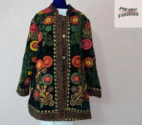 Velvet Suzani Embroidered Coat – Boho Floral Jacket