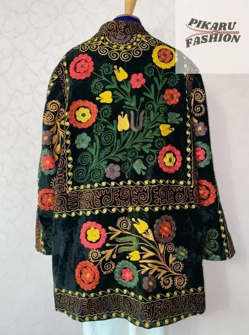 Velvet Suzani Embroidered Coat – Boho Floral Jacket