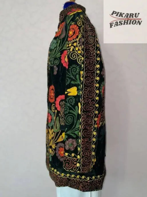 Velvet Suzani Embroidered Coat – Boho Floral Jacket