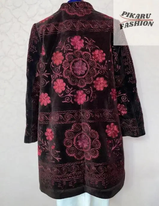 Velvet Suzani Embroidered Coat – Boho Floral Jacket