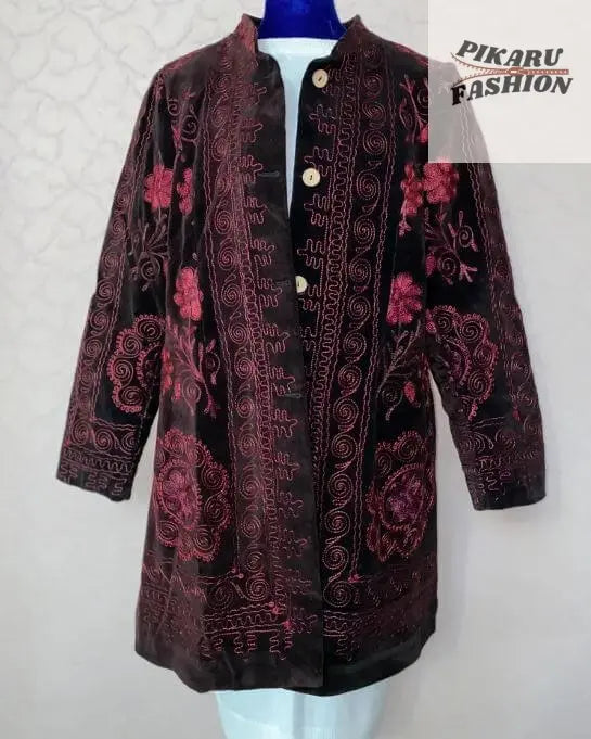 Velvet Suzani Embroidered Coat – Boho Floral Jacket