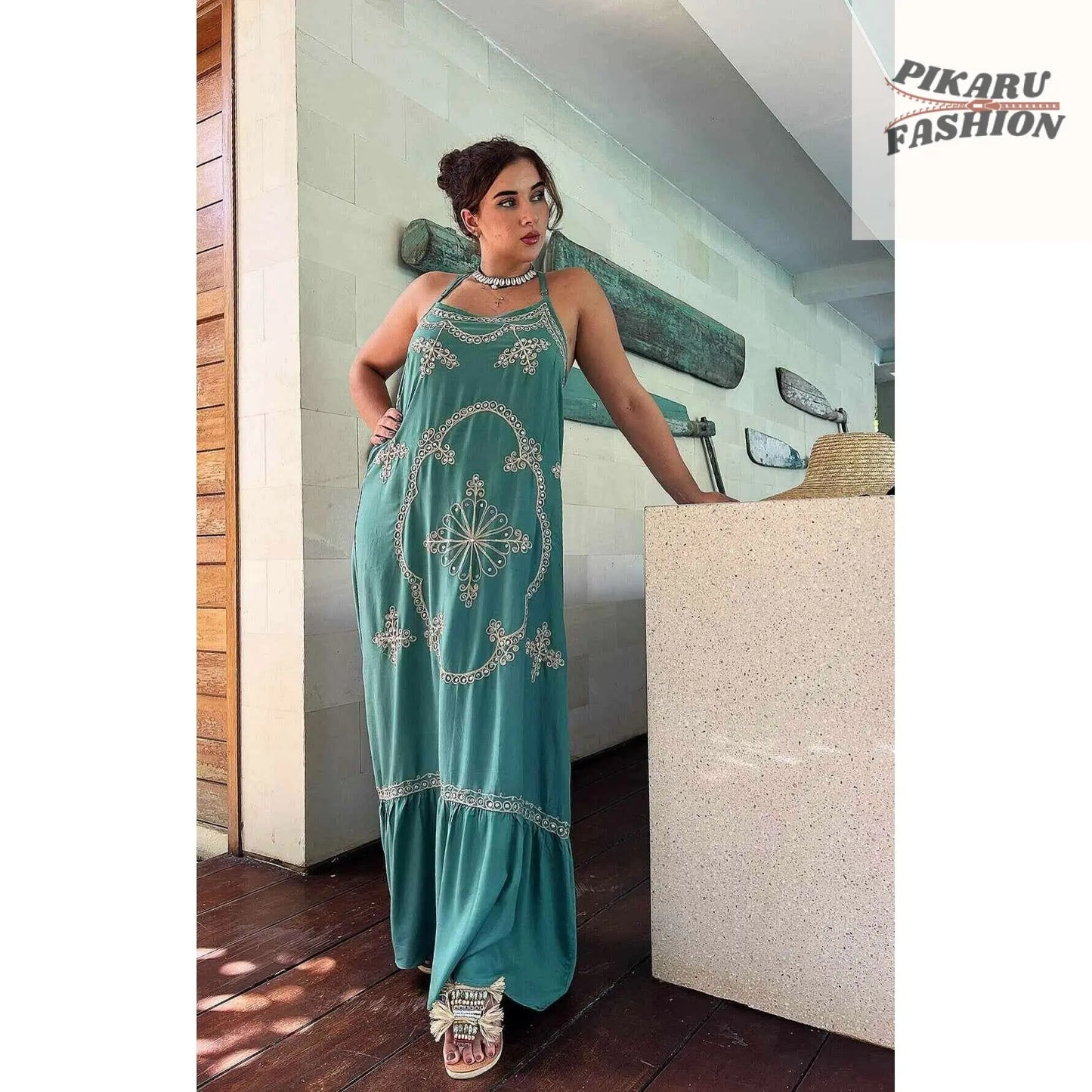 Sage Green Maxi Dress: Embroidered Sequin Boho Goddess Gown - PIKARU FASHION