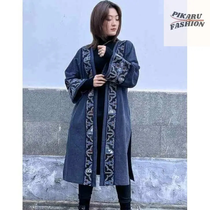 Elegant Navy Blue Embroidered Open Abaya Coat - PIKARU FASHION