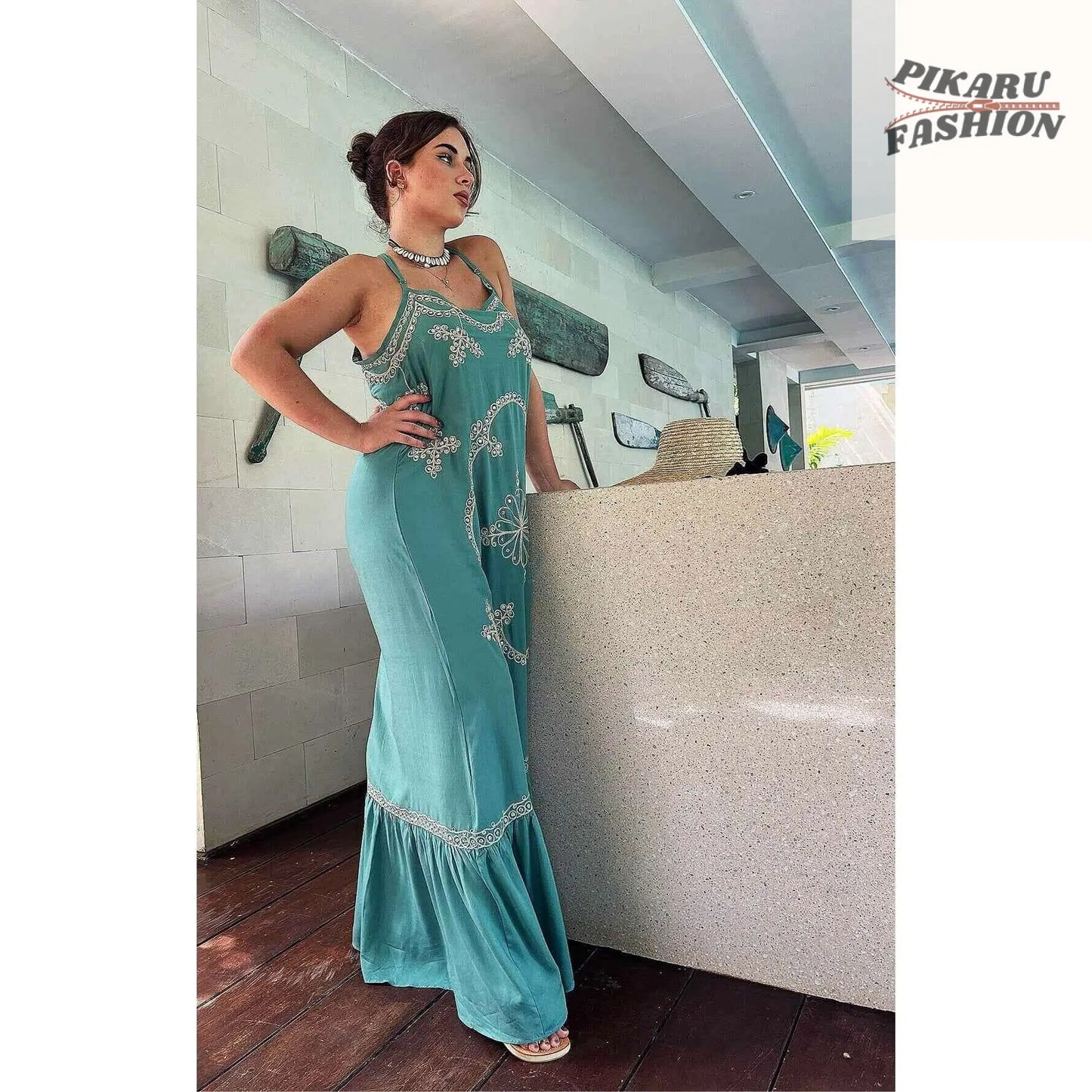 Sage Green Maxi Dress: Embroidered Sequin Boho Goddess Gown - PIKARU FASHION