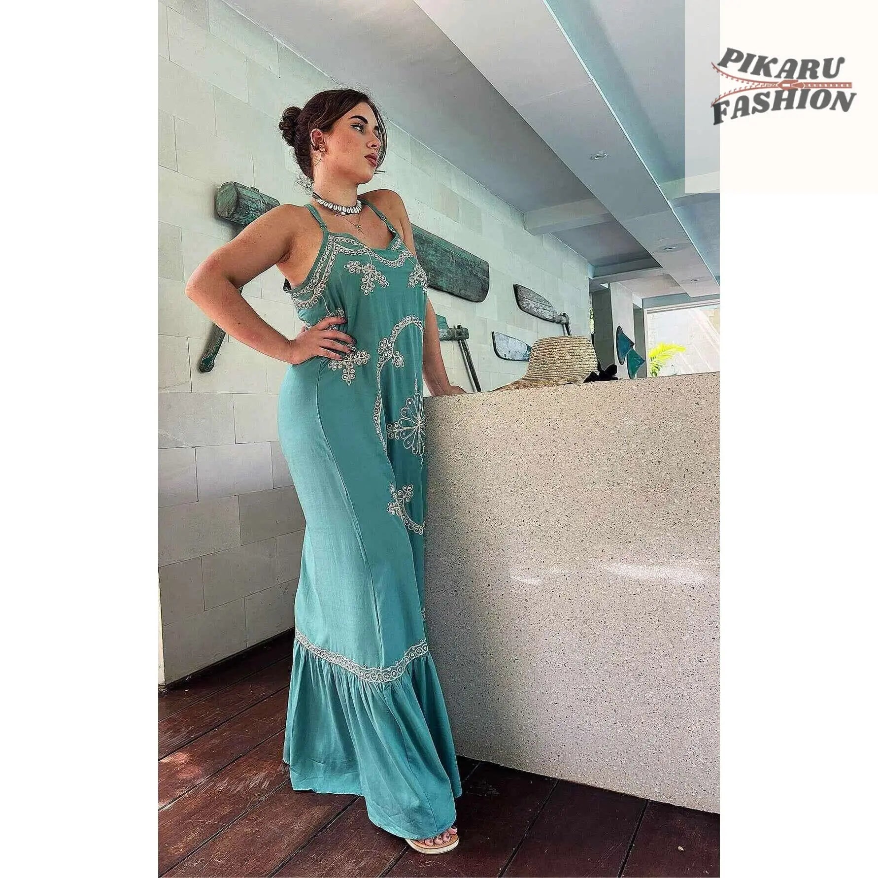 Sage Green Maxi Dress: Embroidered Sequin Boho Goddess Gown - PIKARU FASHION