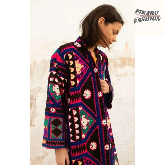 Handcrafted Vintage Suzani Long Coat – Multicolor Bohemian Jacket - PIKARU FASHION