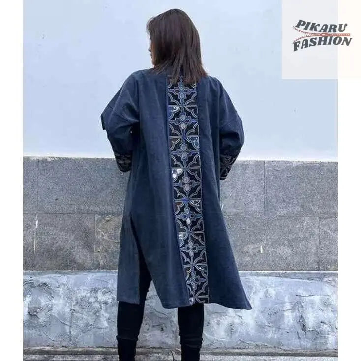 Elegant Navy Blue Embroidered Open Abaya Coat - PIKARU FASHION