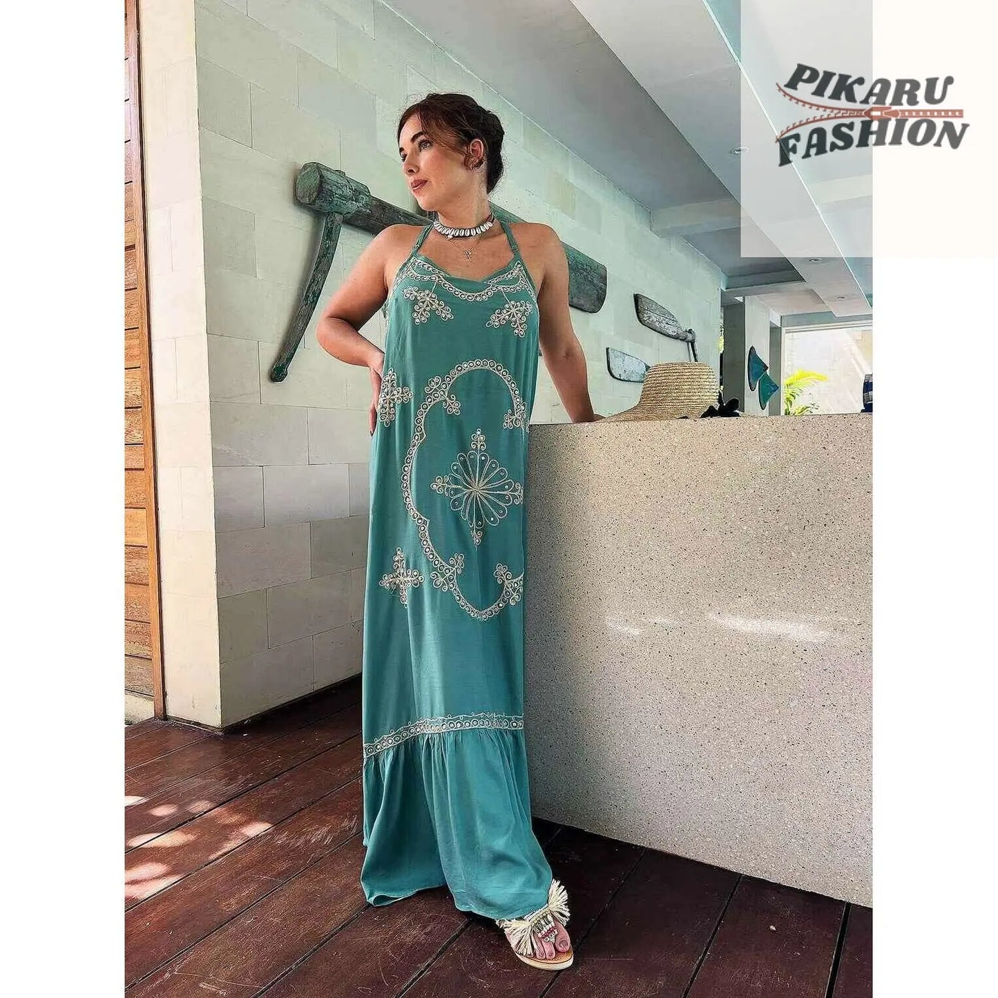 Sage Green Maxi Dress: Embroidered Sequin Boho Goddess Gown - PIKARU FASHION