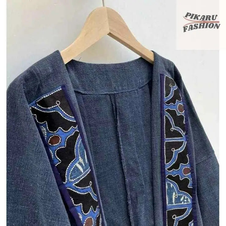 Elegant Navy Blue Embroidered Open Abaya Coat - PIKARU FASHION