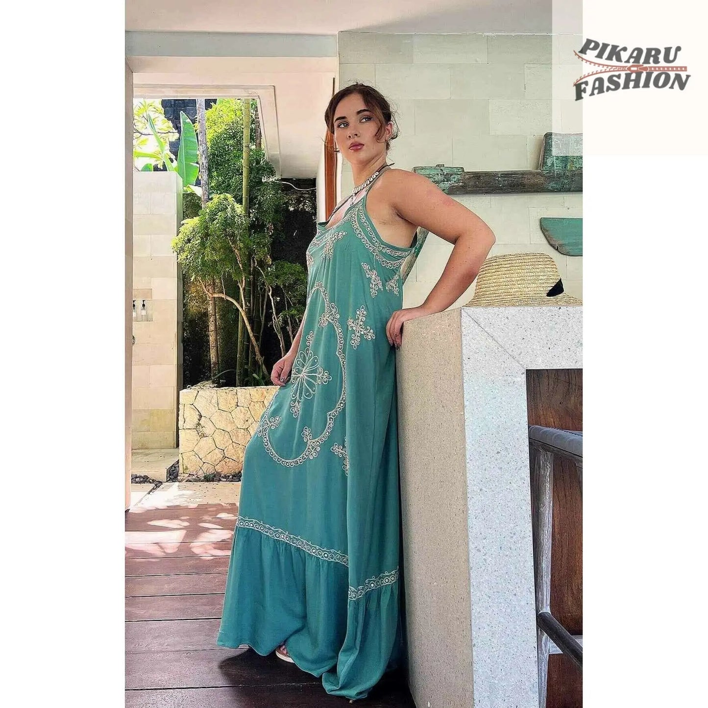 Sage Green Maxi Dress: Embroidered Sequin Boho Goddess Gown - PIKARU FASHION
