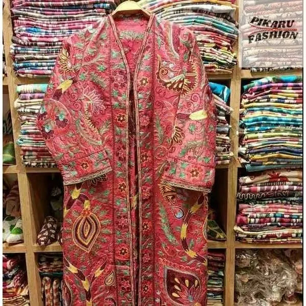 Hand-Embroidered Long kimono Coat – Pomegranate Motif - PIKARU FASHION