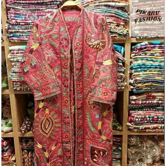Hand-Embroidered Long kimono Coat – Pomegranate Motif - PIKARU FASHION