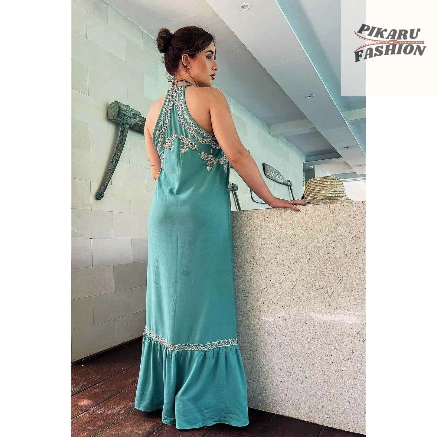 Sage Green Maxi Dress: Embroidered Sequin Boho Goddess Gown - PIKARU FASHION