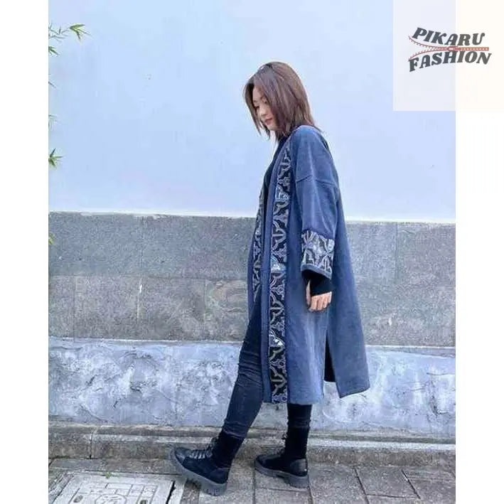 Elegant Navy Blue Embroidered Open Abaya Coat - PIKARU FASHION