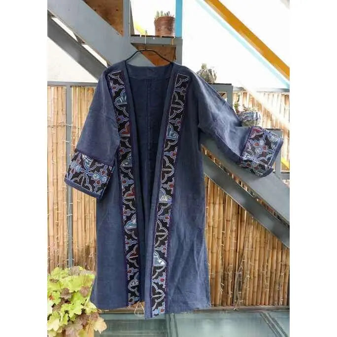 Elegant Navy Blue Embroidered Open Abaya Coat - PIKARU FASHION