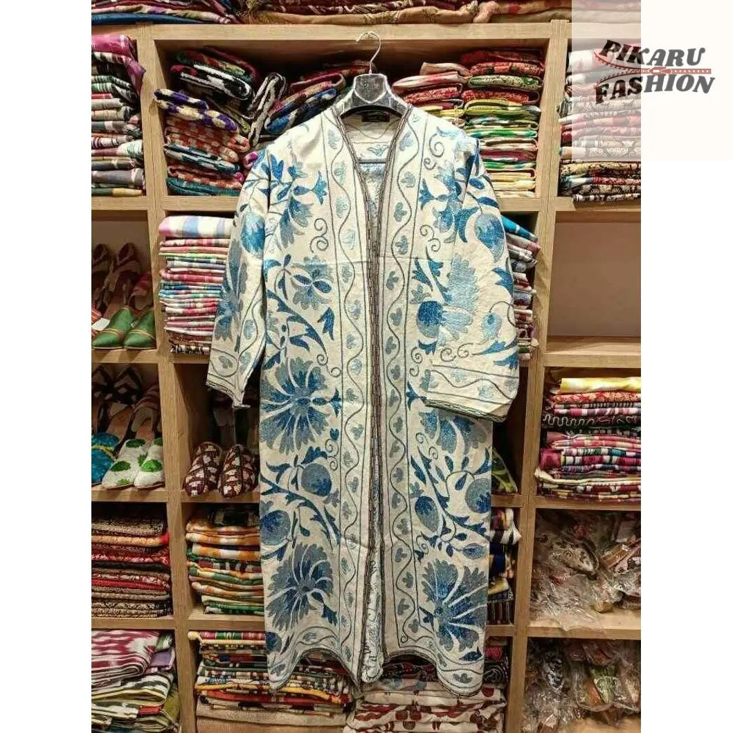 Hand-Embroidered Long kimono Coat – Pomegranate Motif - PIKARU FASHION