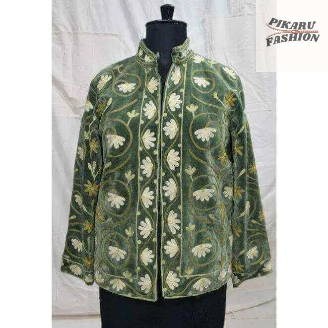 Handcrafted Olive Green Kashmiri Embroidered Velvet Jacket