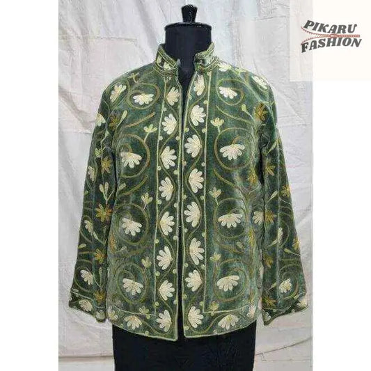 Handcrafted Olive Green Kashmiri Embroidered Velvet Jacket