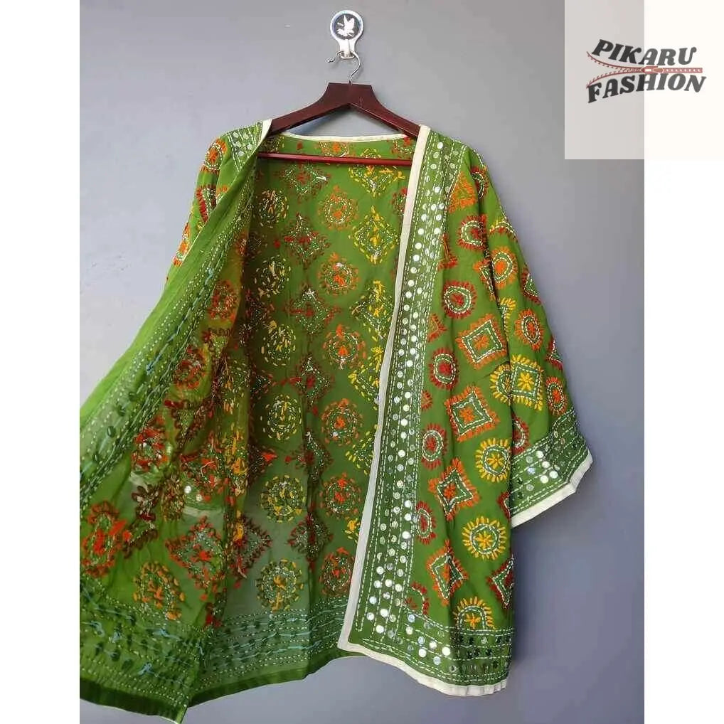 🌿 Handcrafted Green Mirror Work Kimono Jacket - PIKARU FASHION