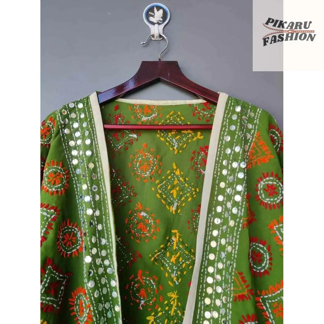 🌿 Handcrafted Green Mirror Work Kimono Jacket - PIKARU FASHION