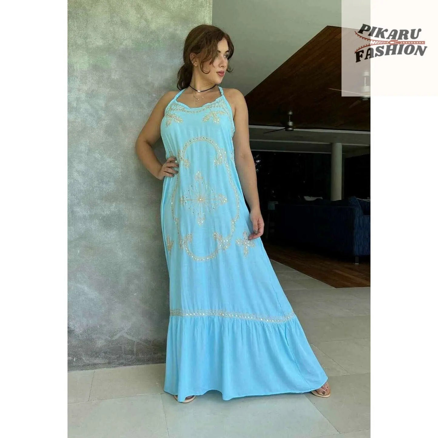 Sage Green Maxi Dress: Embroidered Sequin Boho Goddess Gown - PIKARU FASHION