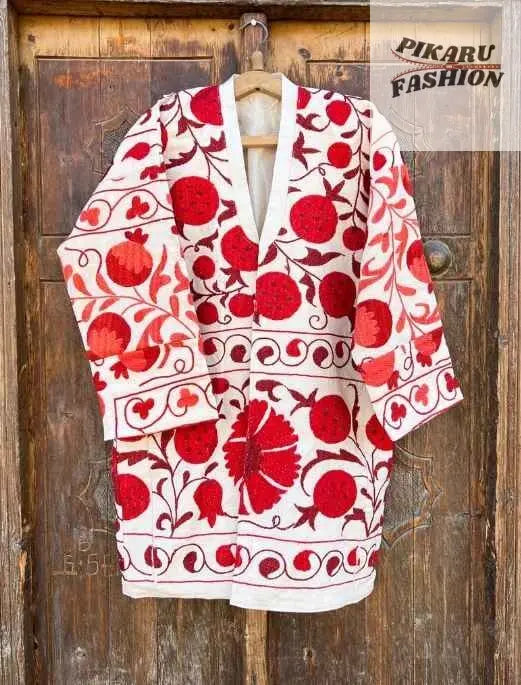 Uzbek Suzani Embroidered Long Jacket – Red & White Floral Design
