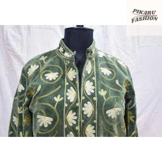 Handcrafted Olive Green Kashmiri Embroidered Velvet Jacket