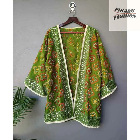 🌿 Handcrafted Green Mirror Work Kimono Jacket - PIKARU FASHION