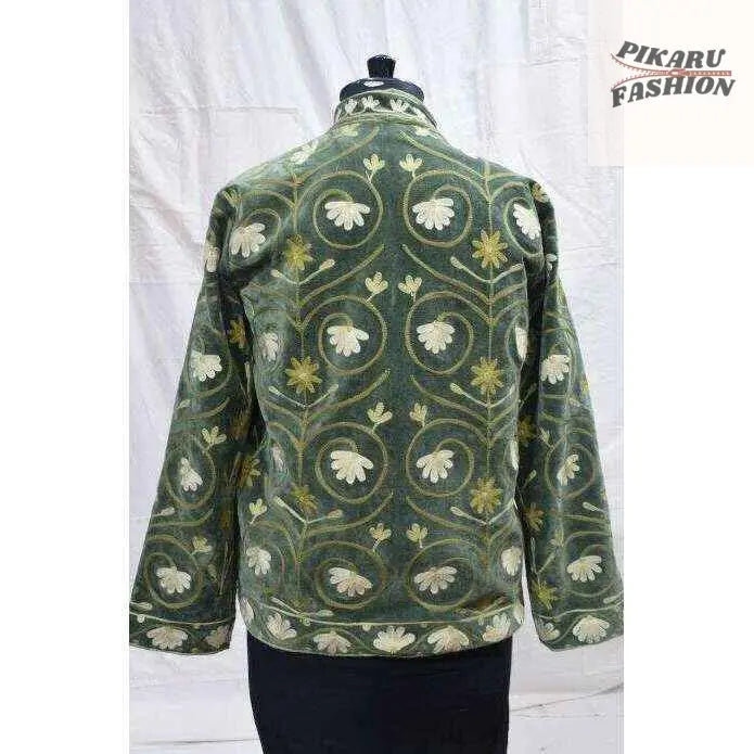 Handcrafted Olive Green Kashmiri Embroidered Velvet Jacket