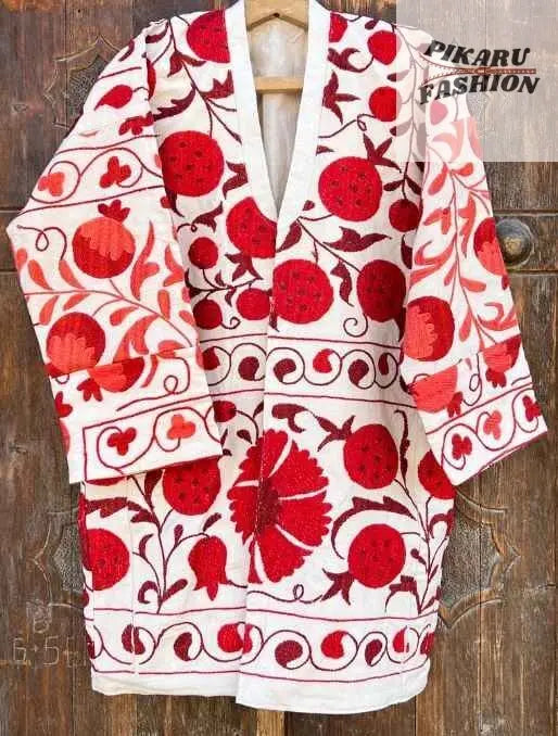 Uzbek Suzani Embroidered Long Jacket – Red & White Floral Design