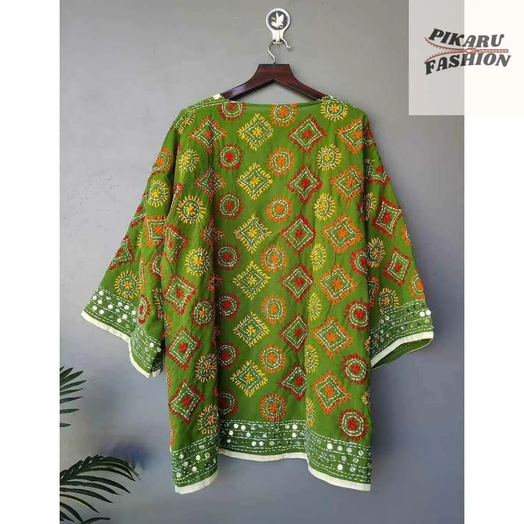 🌿 Handcrafted Green Mirror Work Kimono Jacket - PIKARU FASHION