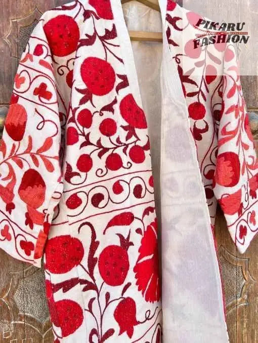Uzbek Suzani Embroidered Long Jacket – Red & White Floral Design