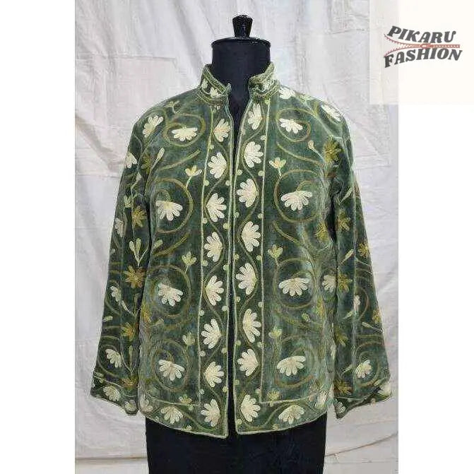 Handcrafted Olive Green Kashmiri Embroidered Velvet Jacket
