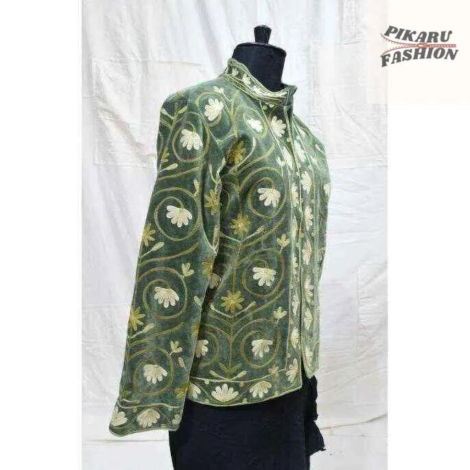 Handcrafted Olive Green Kashmiri Embroidered Velvet Jacket