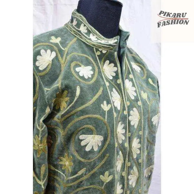 Handcrafted Olive Green Kashmiri Embroidered Velvet Jacket