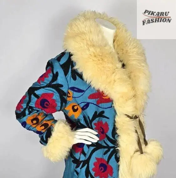 Blue Suzani Embroidered Wool Coat with Cream Mongolian Fur Trim