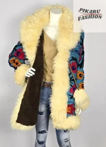 Blue Suzani Embroidered Wool Coat with Cream Mongolian Fur Trim