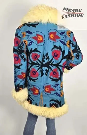 Blue Suzani Embroidered Wool Coat with Cream Mongolian Fur Trim
