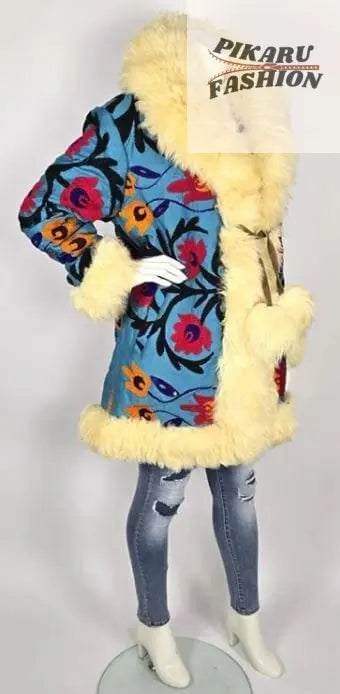 Blue Suzani Embroidered Wool Coat with Cream Mongolian Fur Trim
