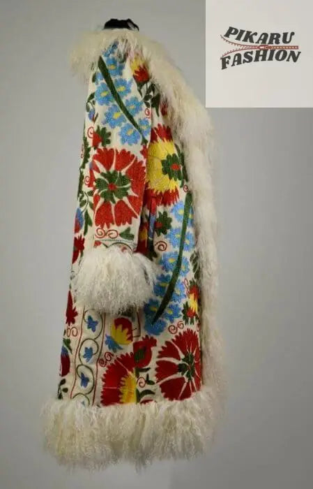 Multicolor Suzani Embroidered Wool Coat with White Fur Trim