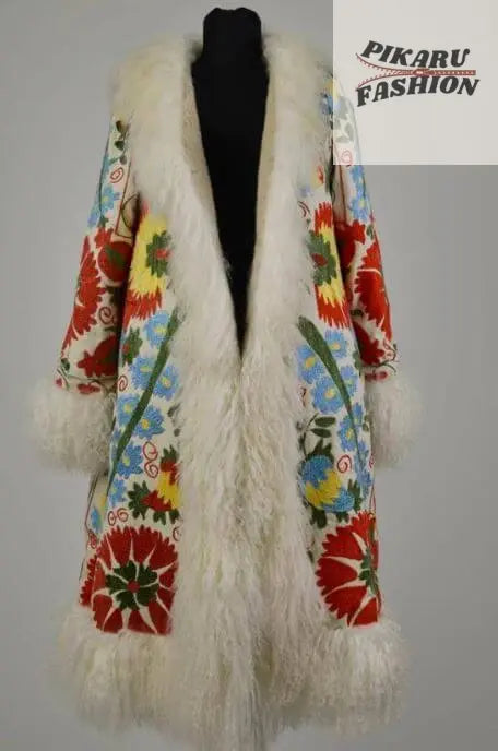 Multicolor Suzani Embroidered Wool Coat with White Fur Trim