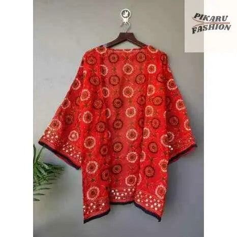 Handcrafted Mirror Work Kimono Jacket – Red Boho Chic - PIKARU FASHION