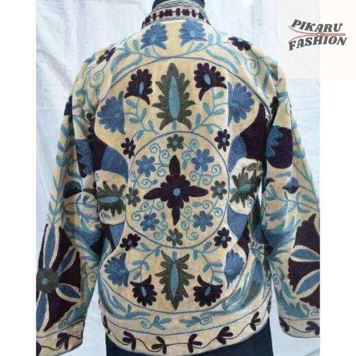 Handcrafted Kashmiri Embroidered Wool Jacket – Beige & Blue Floral Pattern