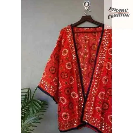 Handcrafted Mirror Work Kimono Jacket – Red Boho Chic - PIKARU FASHION