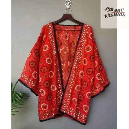 Handcrafted Mirror Work Kimono Jacket – Red Boho Chic - PIKARU FASHION