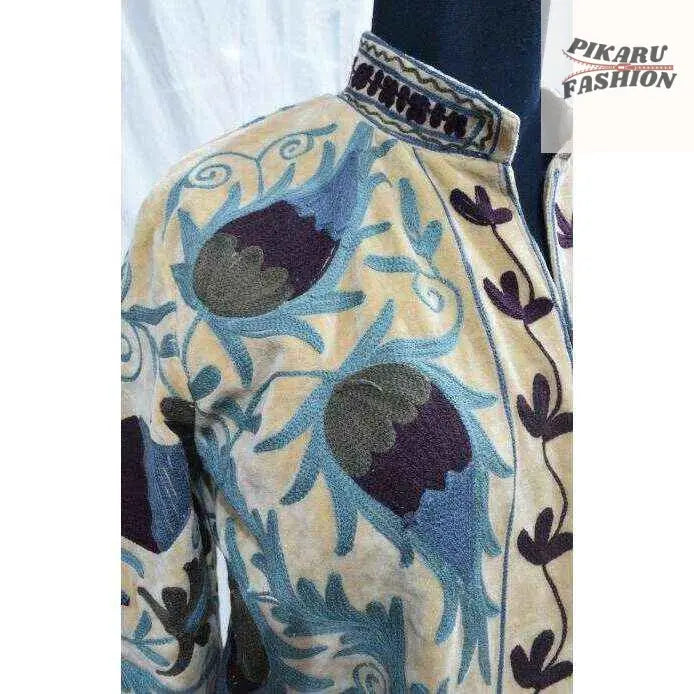 Handcrafted Kashmiri Embroidered Wool Jacket – Beige & Blue Floral Pattern