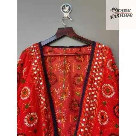 Handcrafted Mirror Work Kimono Jacket – Red Boho Chic - PIKARU FASHION