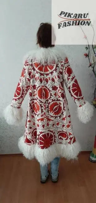 Red Suzani Embroidered Wool Coat with White Mongolian Fur Trim