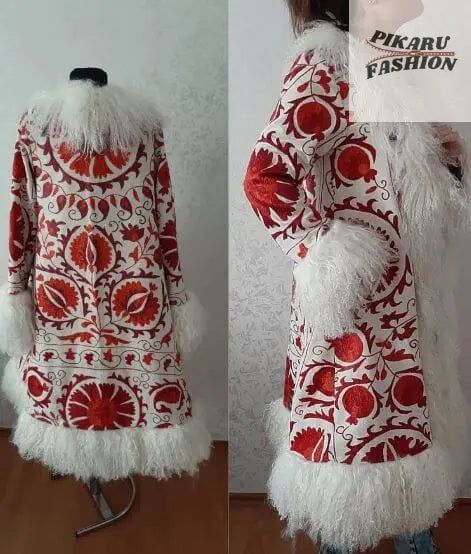 Red Suzani Embroidered Wool Coat with White Mongolian Fur Trim